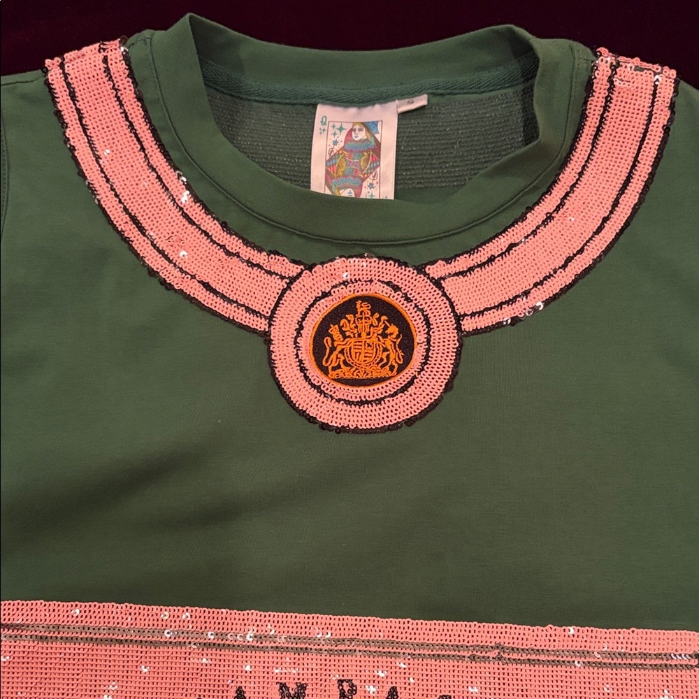 QUEEN OF SPARKLES Green Sleeveless Dress with Pink Sequin Label - Picture 10 of 13